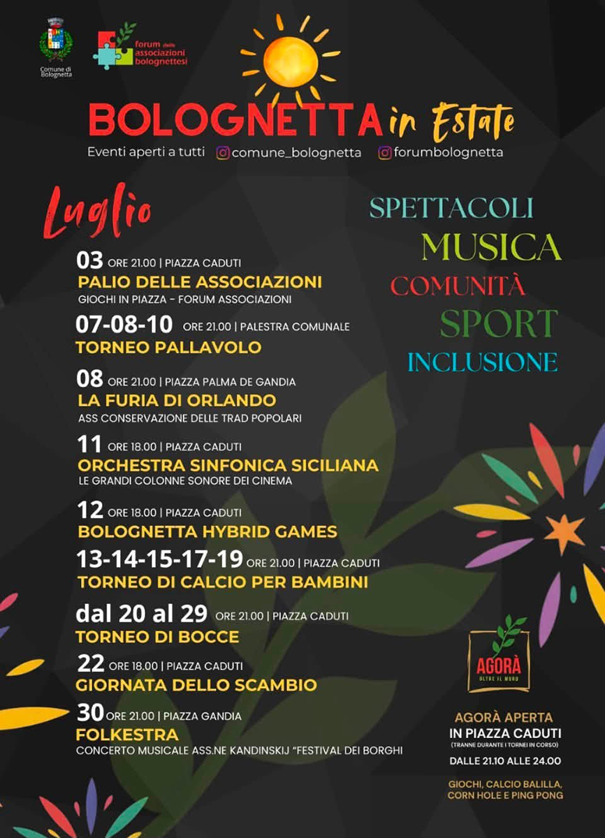 Programma Estate Bolognetta Luglio 2026 Programma Estate Bolognetta Luglio 2026 con eventi, spettacoli e manifestazioni estive