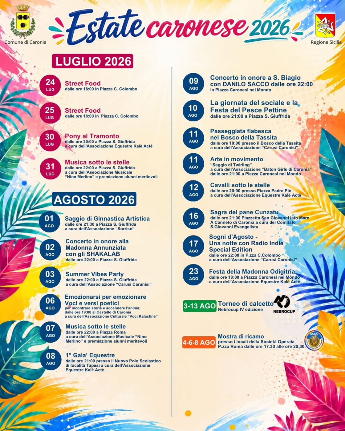 Programma Estate Caronia 2026 Programma Estate Caronia 2026 con eventi, spettacoli e manifestazioni estive