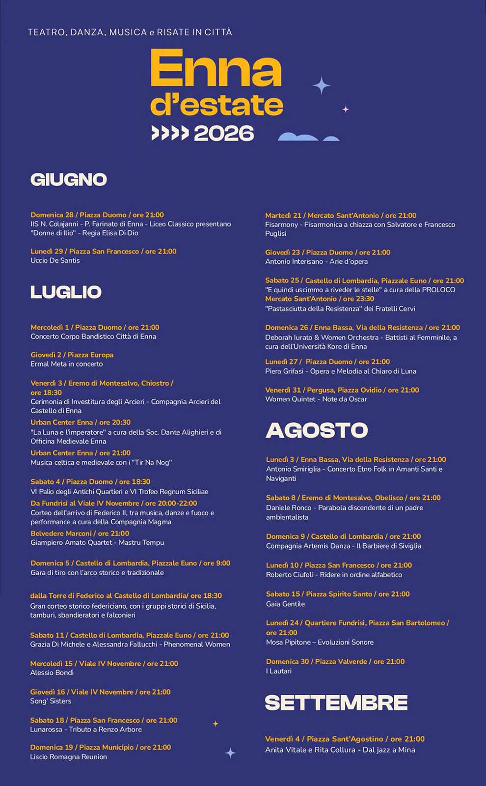 Programma Estate Enna 2026 Programma Estate Enna 2026 con eventi, spettacoli e manifestazioni estive