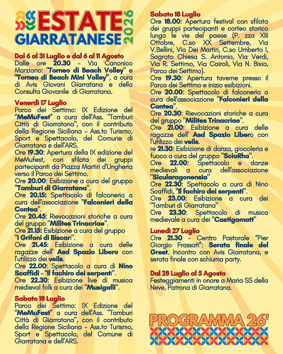 Programma Estate Giarratana Luglio 2026 Programma Estate Giarratana Luglio 2026 con eventi, spettacoli e manifestazioni estive