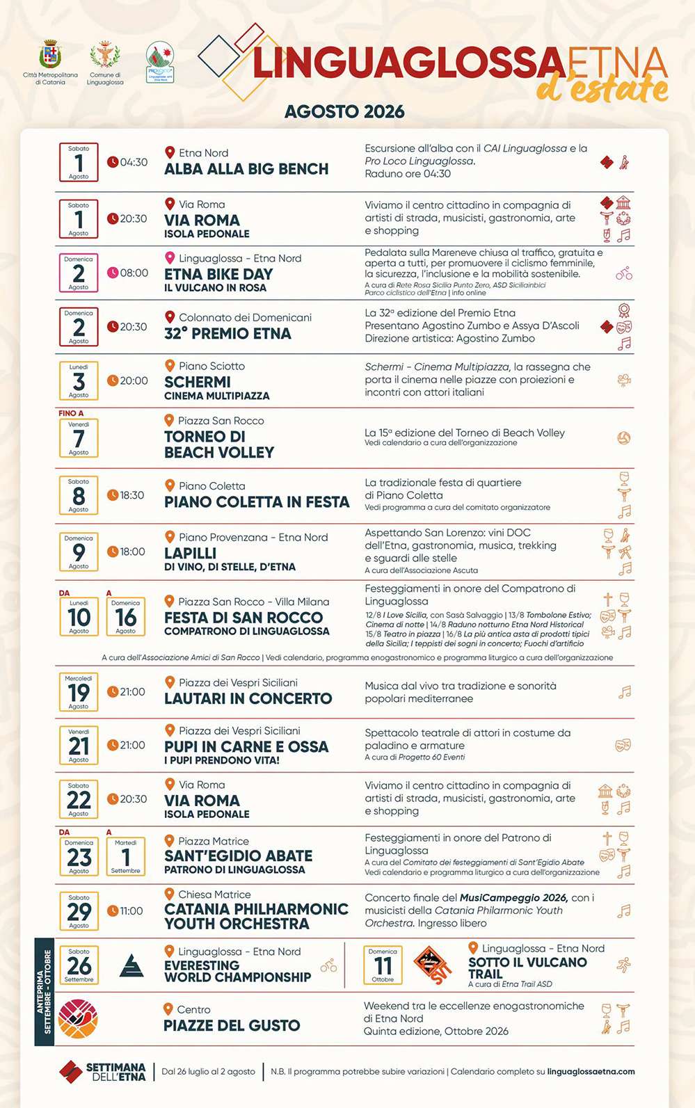 Programma Estate Linguaglossa Agosto 2026 Programma Estate Linguaglossa Agosto 2026 con eventi, spettacoli e manifestazioni estive
