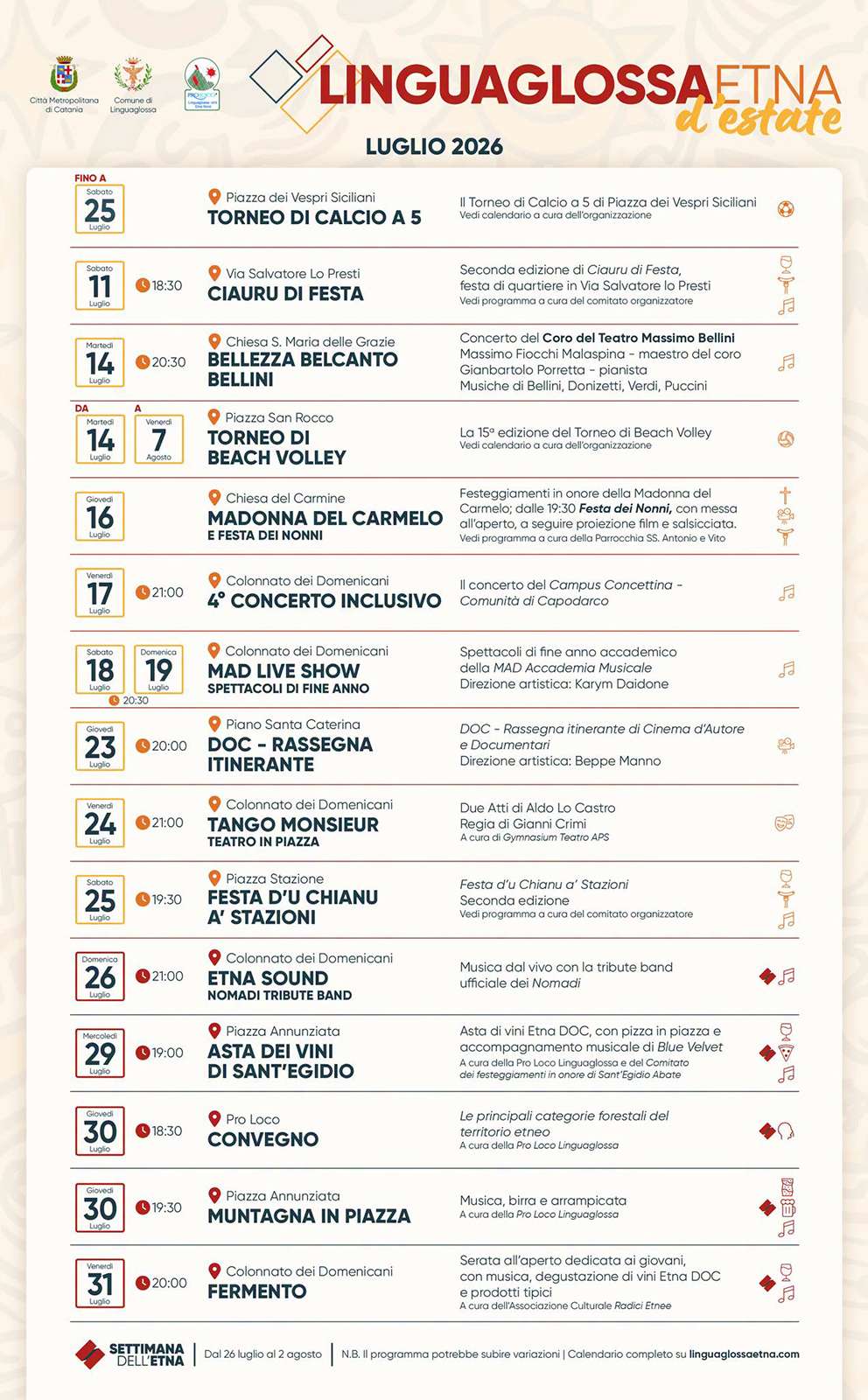 Programma Estate Linguaglossa Luglio 2026 Programma Estate Linguaglossa Luglio 2026 con eventi, spettacoli e manifestazioni estive