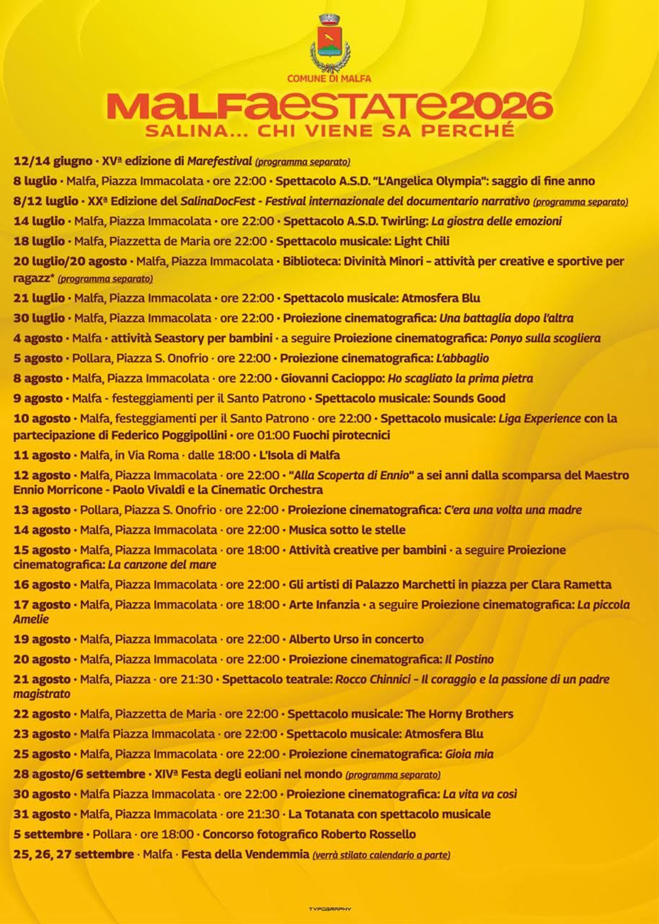 Programma Estate Malfa 2026 Programma Estate Malfa 2026 con eventi, spettacoli e manifestazioni estive