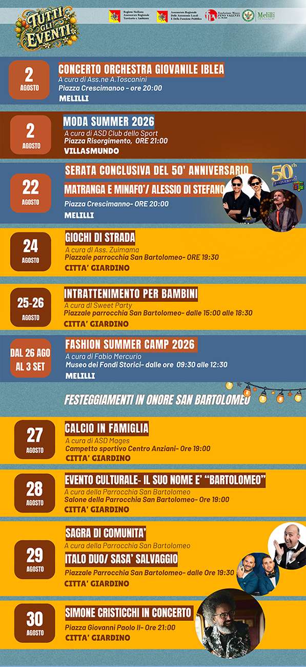 Programma Estate Melilli Agosto 2026 Programma Estate Melilli Agosto 2026 con eventi, spettacoli e manifestazioni estive