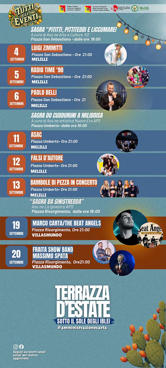 Programma Estate Melilli Settembre 2026 Programma Estate Melilli Settembre 2026 con eventi, spettacoli e manifestazioni estive