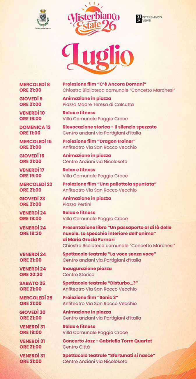 Programma Estate Misterbianco Luglio 2026 Programma Estate Misterbianco Luglio 2026 con eventi, spettacoli e manifestazioni estive