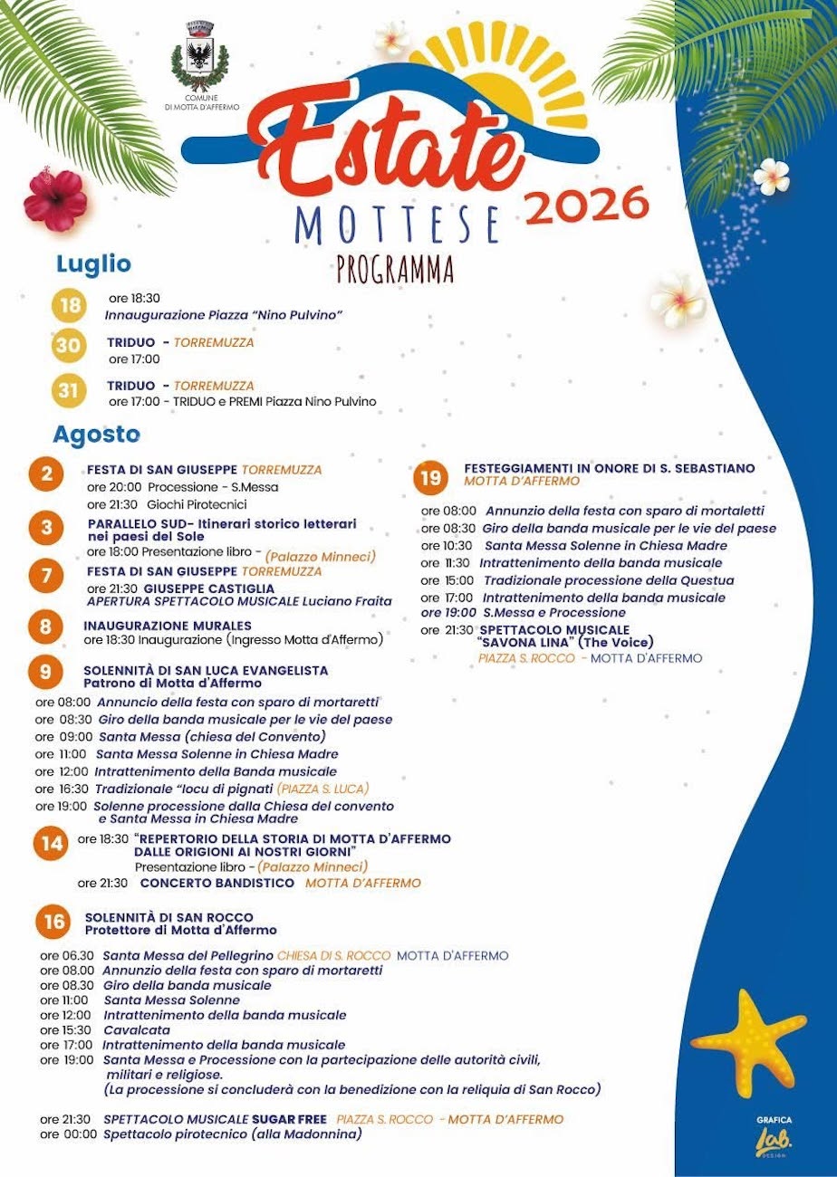Programma Estate Motta d’Affermo 2026 Programma Estate Motta d’Affermo 2026 con eventi, spettacoli e manifestazioni estive