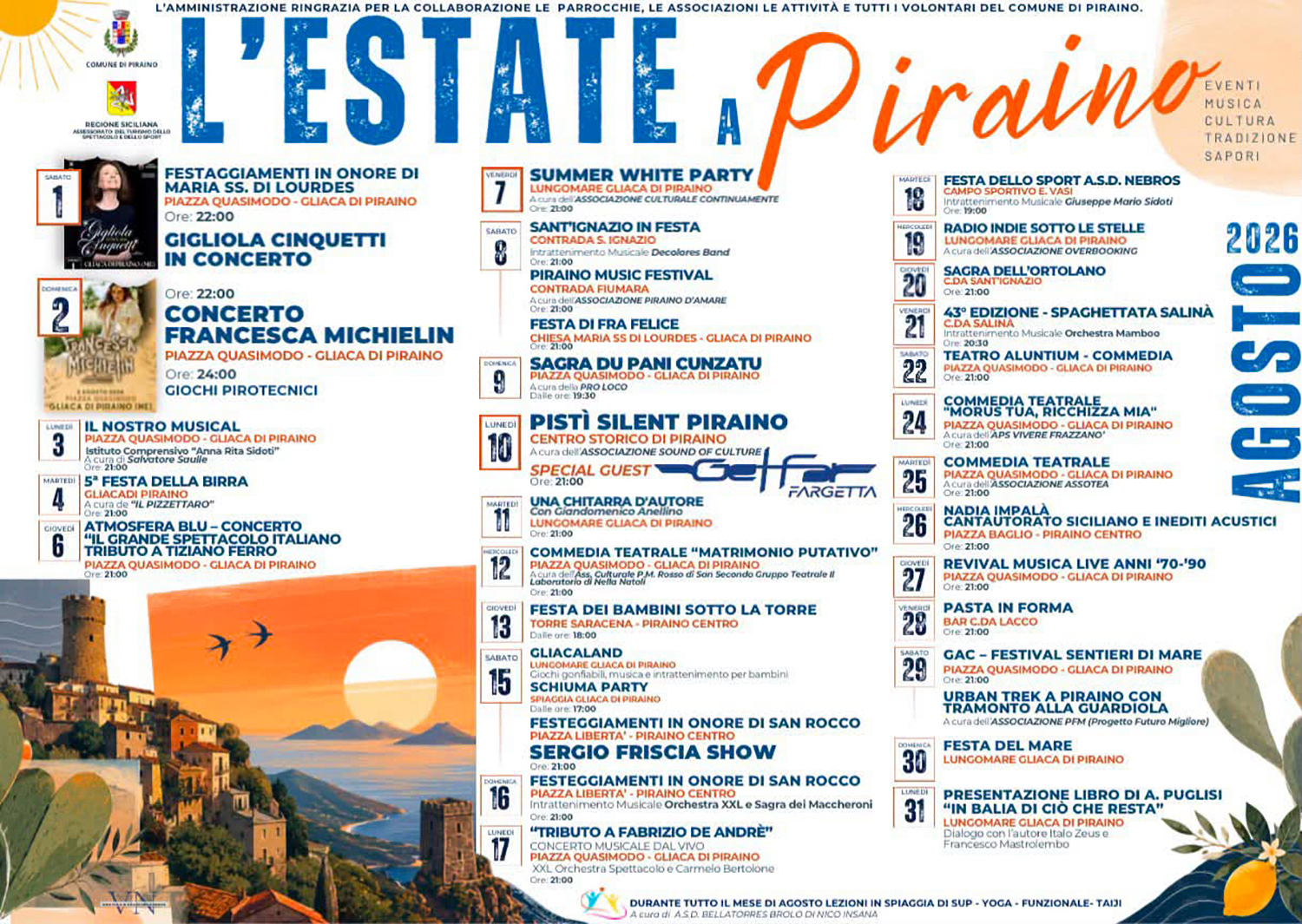 Programma Estate Piraino Agosto 2026 Programma Estate Piraino Agosto 2026 con eventi, spettacoli e manifestazioni estive