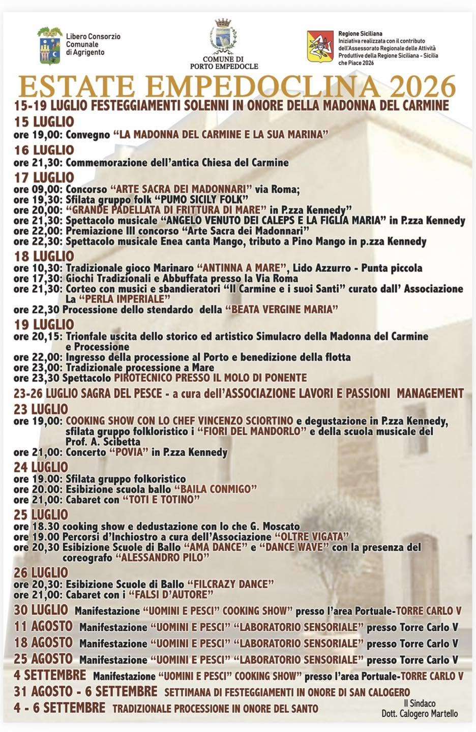 Programma Estate Porto Empedocle 2026 Programma Estate Porto Empedocle 2026 con eventi, spettacoli e manifestazioni estive