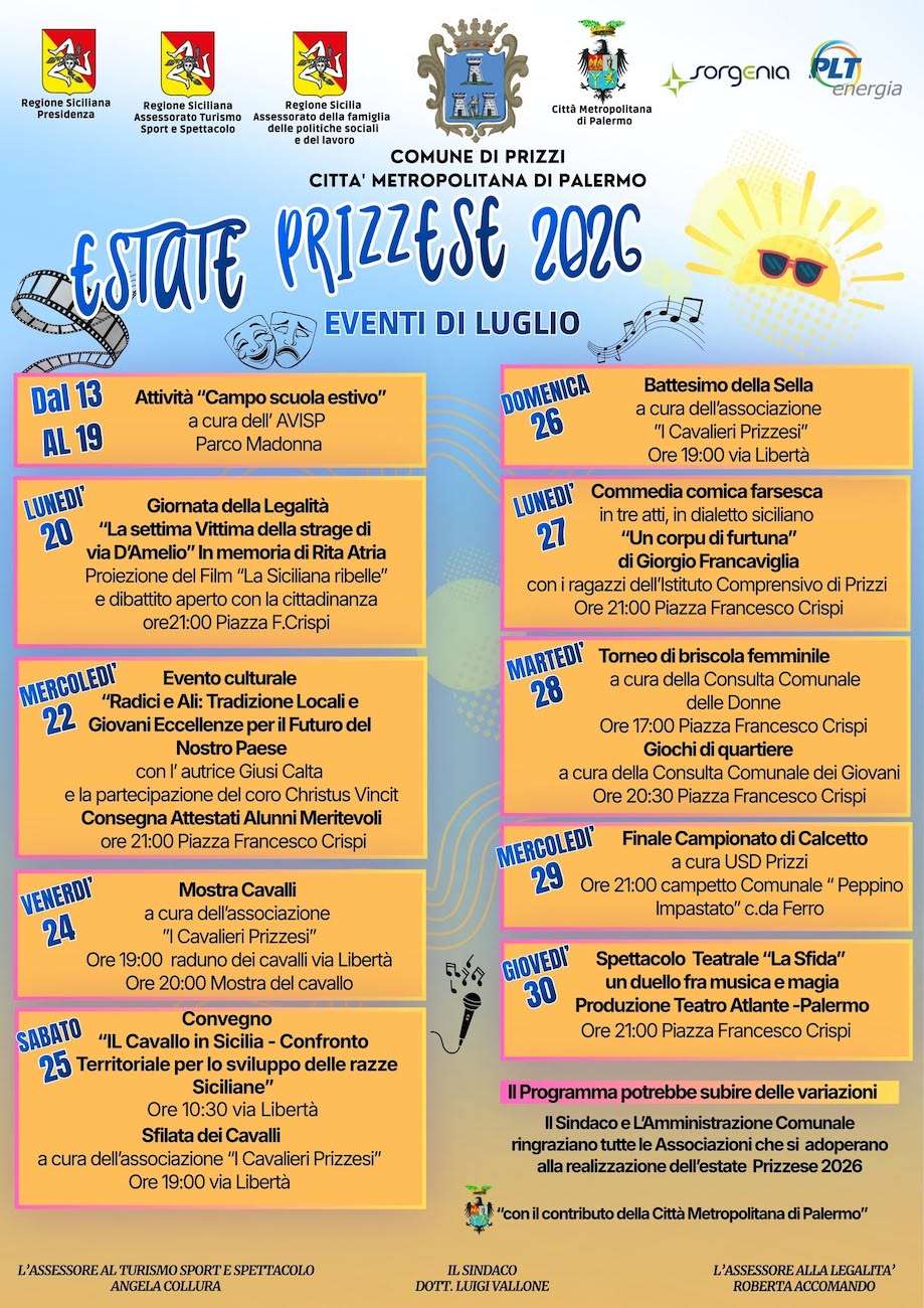 Programma Estate Prizzi 2026 Programma Estate Prizzi 2026 con eventi, spettacoli e manifestazioni estive