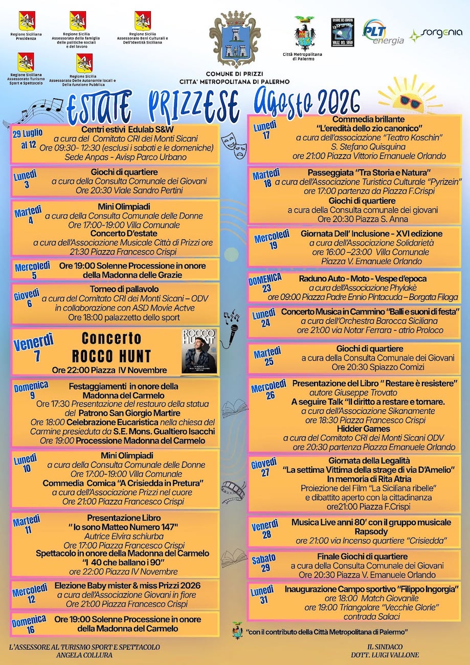 Programma Estate Prizzi Agosto 2026 Programma Estate Prizzi Agosto 2026 con eventi, spettacoli e manifestazioni estive