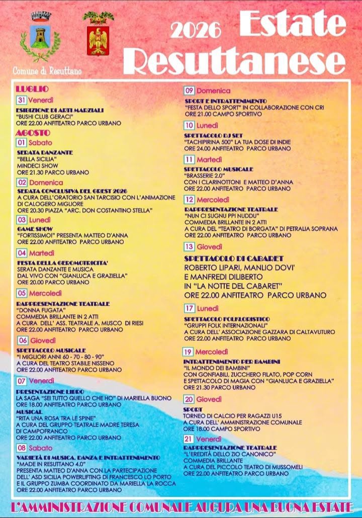 Programma Estate Resuttano 2026 Programma Estate Resuttano 2026 con eventi, spettacoli e manifestazioni estive
