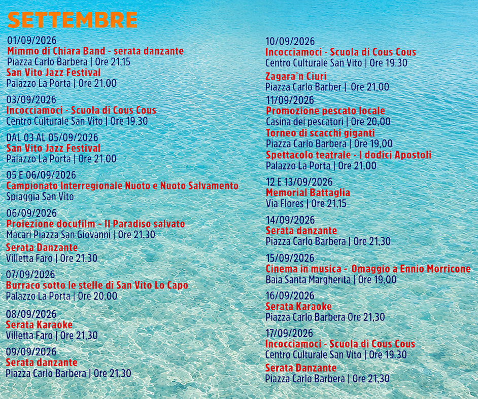 Programma Estate San Vito Lo Capo Settembre 2026 Programma Estate San Vito Lo Capo Settembre 2026 con eventi, spettacoli e manifestazioni estive