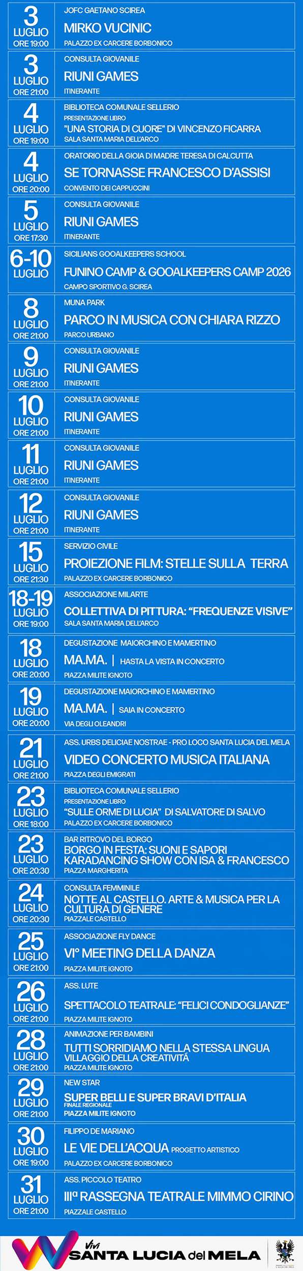 Programma Estate Santa Lucia del Mela Luglio 2026 Programma Estate Santa Lucia del Mela Luglio 2026 con eventi, spettacoli e manifestazioni estive