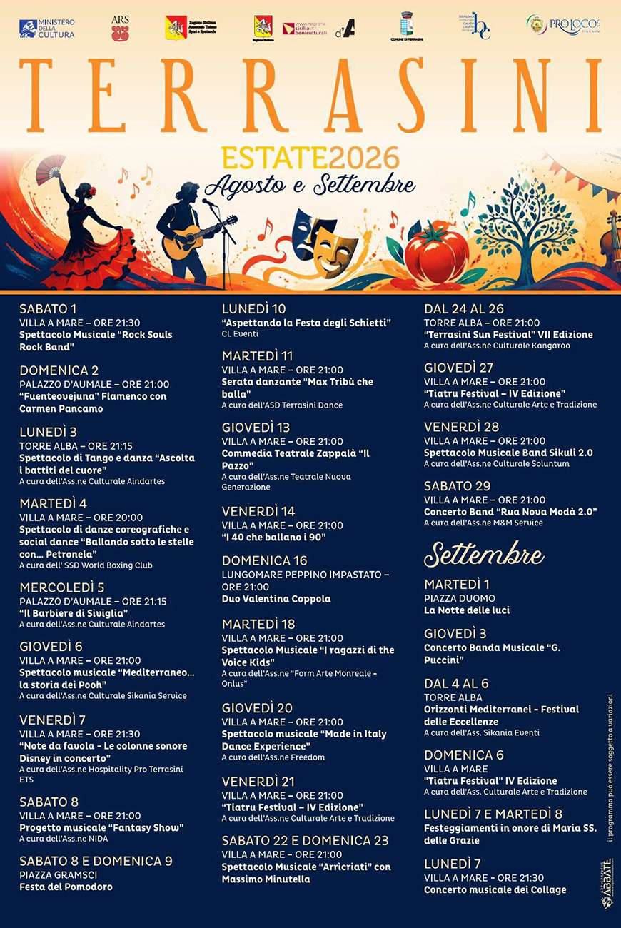 Programma Estate Terrasini Agosto e Settembre 2026 Programma Estate Terrasini Agosto e Settembre 2026 con eventi, spettacoli e manifestazioni estive