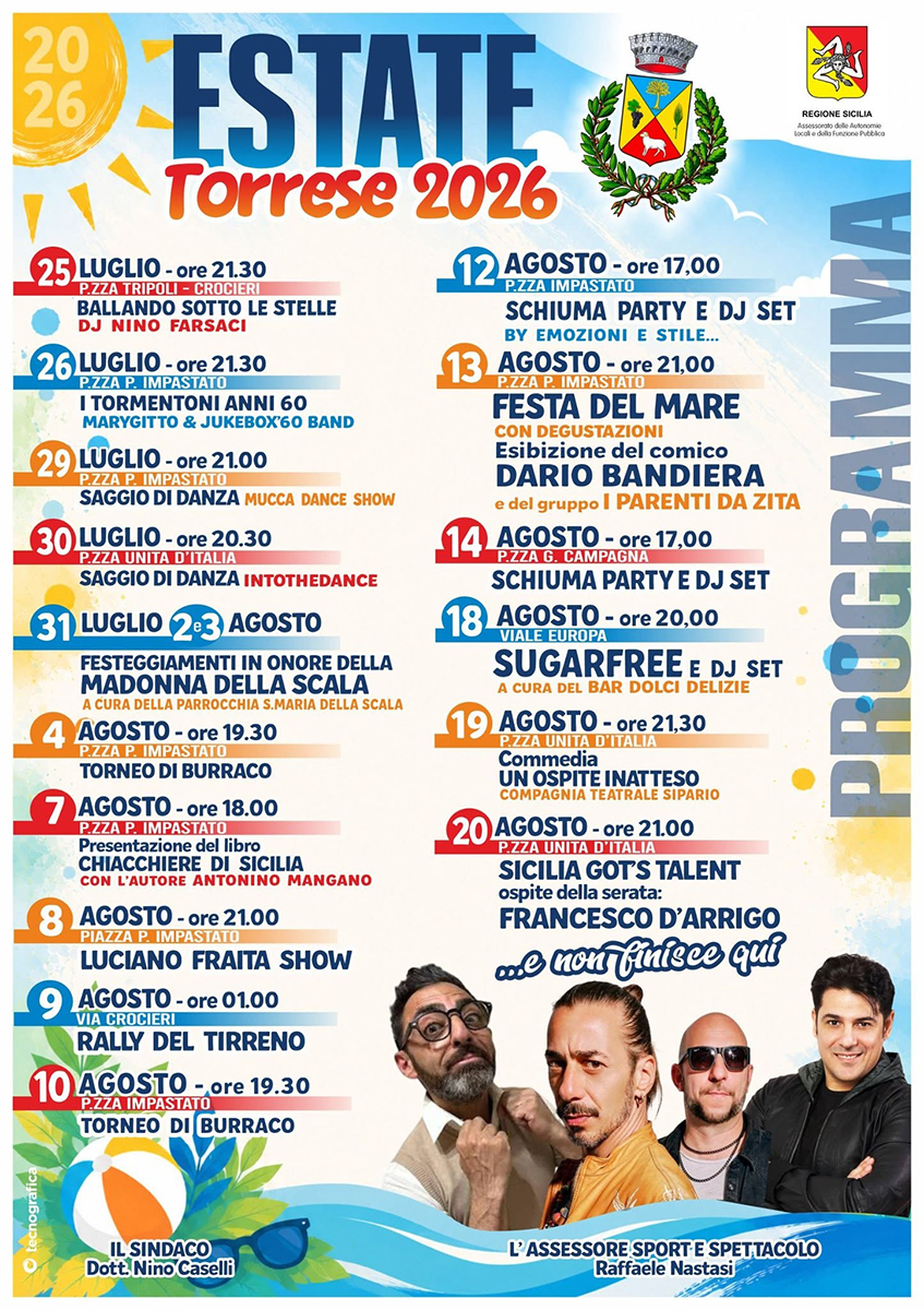 Programma Estate Torregrotta 2026 Programma Estate Torregrotta 2026 con eventi, spettacoli e manifestazioni estive