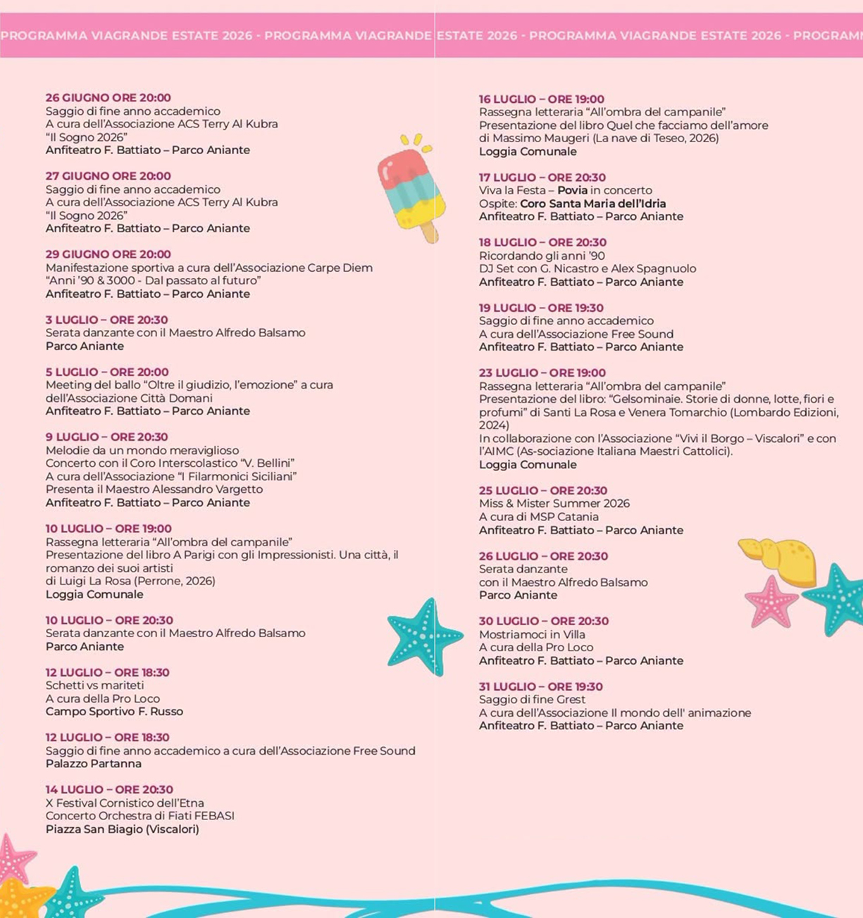 Programma Estate Viagrande Luglio 2026 Programma Estate Viagrande Luglio 2026 con eventi, spettacoli e manifestazioni estive