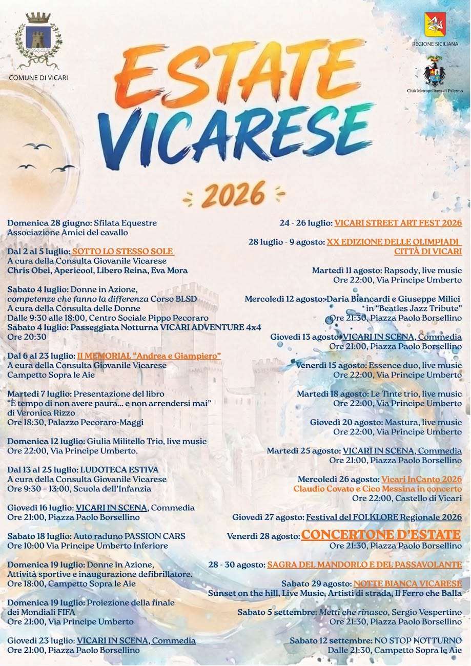 Programma Estate Vicari 2026 Programma Estate Vicari 2026 con eventi, spettacoli e manifestazioni estive