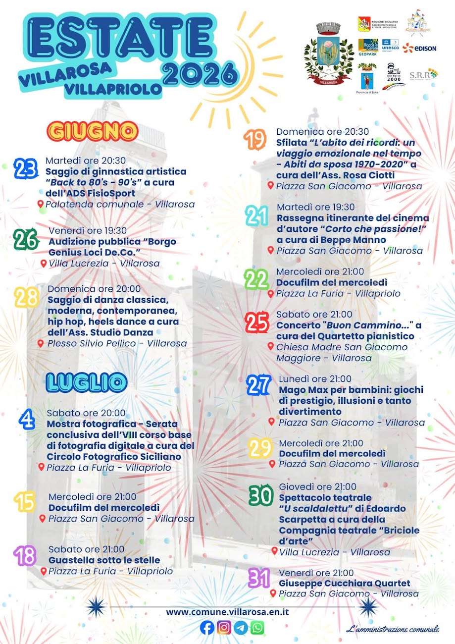 Programma Estate Villarosa Luglio 2026 Programma Estate Villarosa Luglio 2026 con eventi, spettacoli e manifestazioni estive