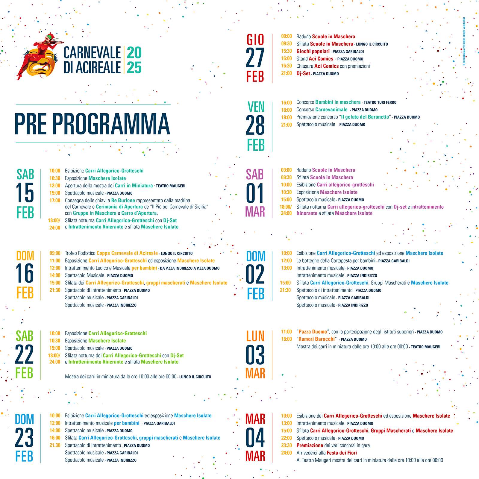 Carnevale di Acireale 2025 Sfilate di Carri PROGRAMMA